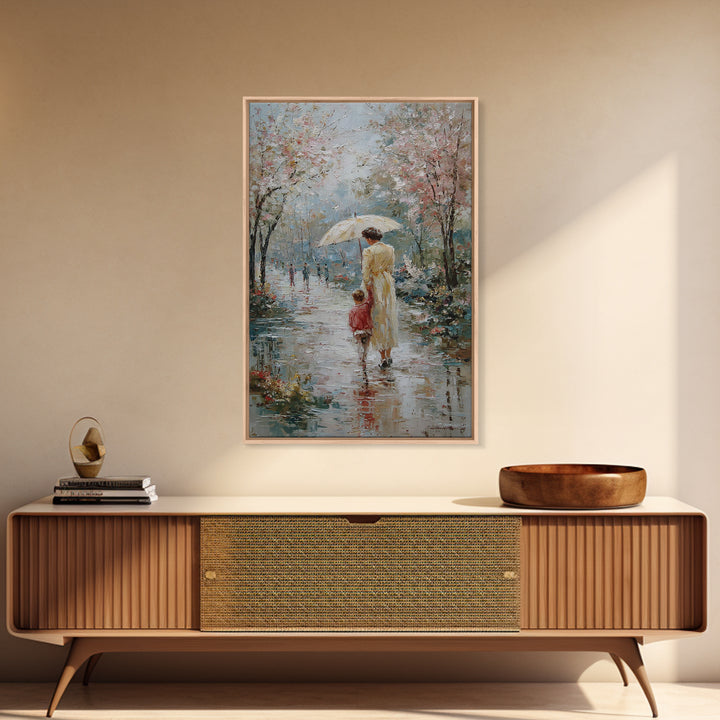 Mother And Child In Spring Rain Wall Art, Impressionist Umbrella Painting, Floral Path Canvas, Nursery And Living Room Decor