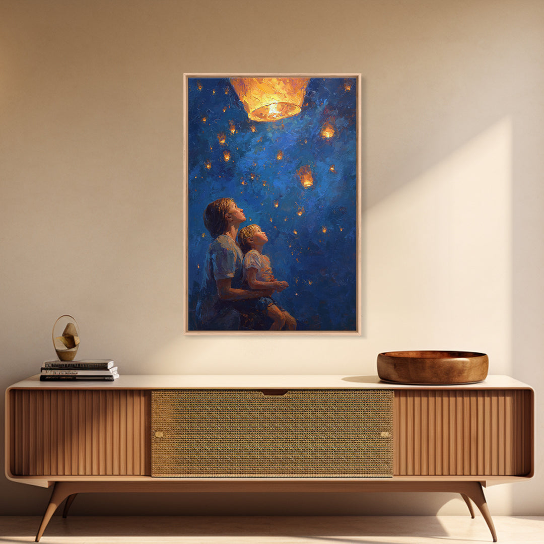 Mother And Child Under Glowing Lantern Framed Canvas Print, Blue Night Sky Wall Art, Celestial Family Bedroom Decor Gift