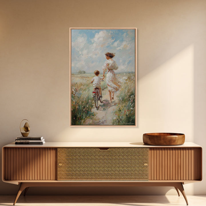Mother In White Dress Walking With Child On Bicycle Canvas Print, Coastal Meadow Wall Art, Impressionist Family Home Decor