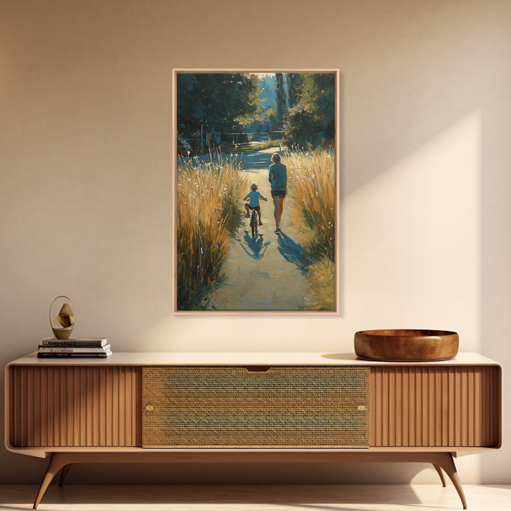 Backlit Mother And Child By Golden River Path Canvas Print, Nature Wall Art, Warm Rustic Living Room Decor, Gift For Her