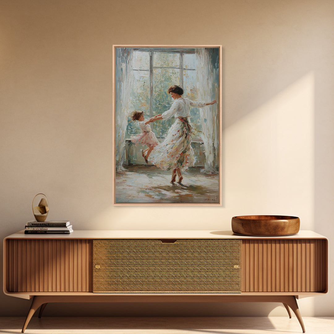 Mother And Daughter Dancing In Bright Sunlit Window Canvas Print, Impressionist Wall Art, Feminine Bedroom Decor, Gift For Mom
