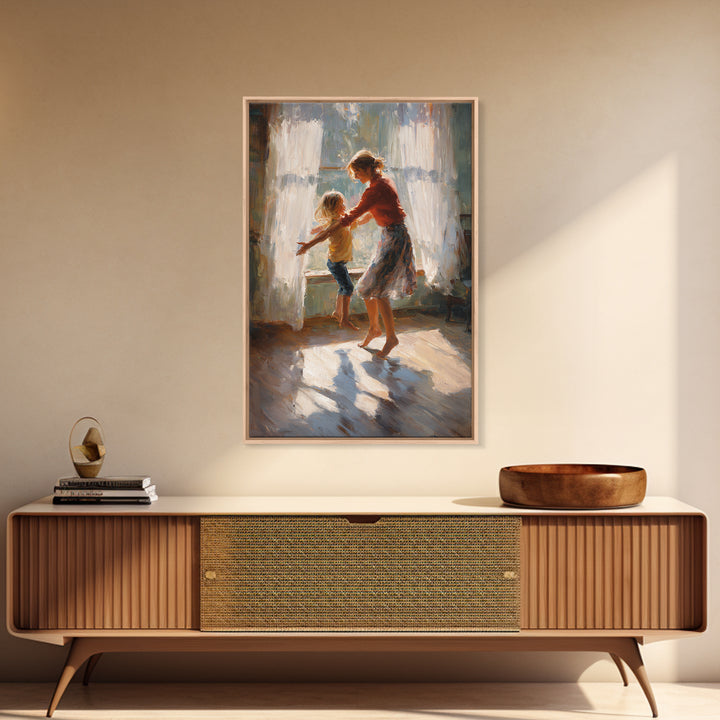 Sunlit Mother And Child Dancing By Lace Curtains Canvas Print, Impressionist Wall Art, Cozy Family Home Decor, Gift For Mom