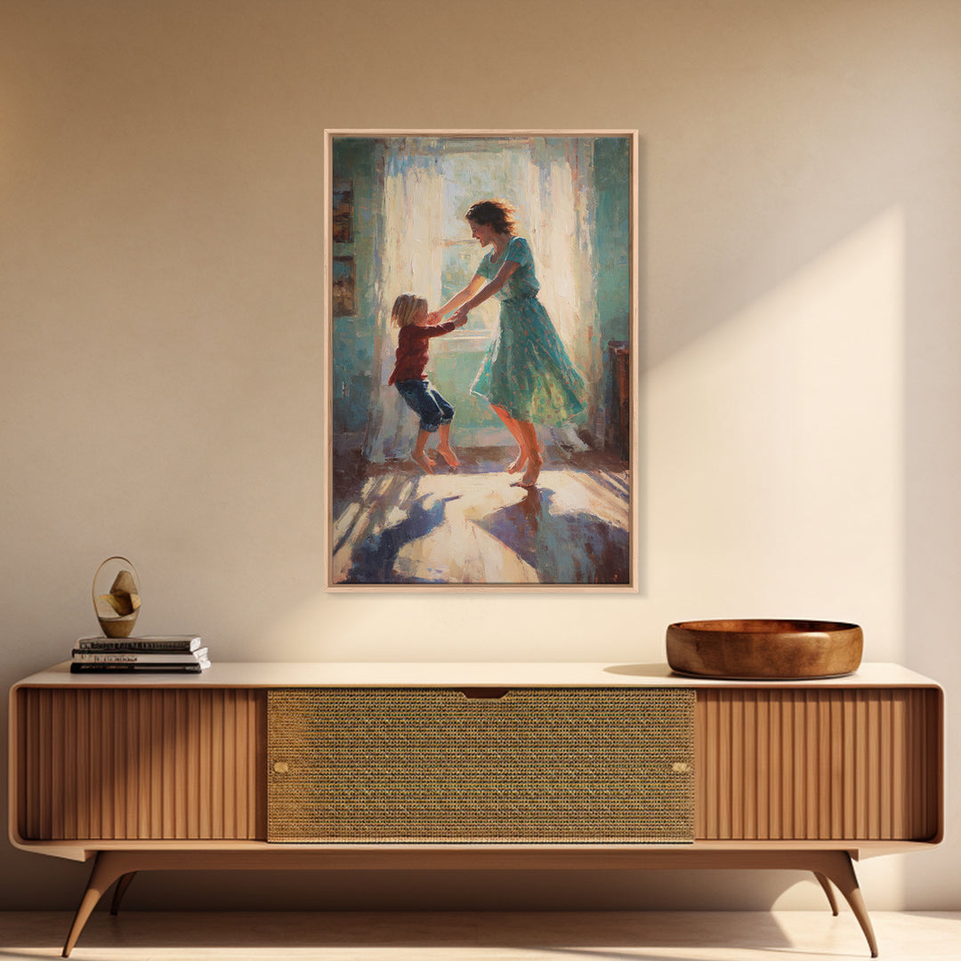 Mother And Child Dancing In Teal Dress Sunlight Canvas Print, Warm Impressionist Family Wall Art, Cozy Bedroom Decor, Gift For Her