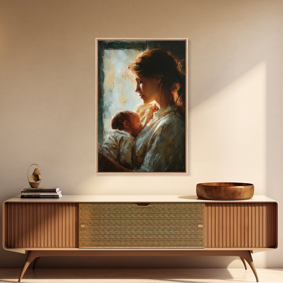 Backlit Mother Cradling Newborn By Window Framed Canvas Print, Romantic Wall Art, New Mom Gift, Moody Bedroom Decor Print