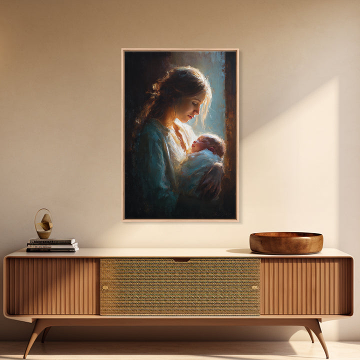 Radiant Mother Gazing At Newborn In Shadow Canvas Print, Moody Wall Art, Spiritual Gift, Nursery Decor, New Mom Gift Print