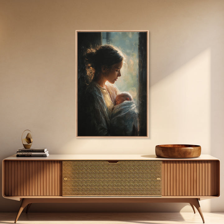 Soft Profile Mother With Sleeping Baby In Window Light Canvas Print, Moody Wall Art, New Mom Gift, Feminine Bedroom Decor