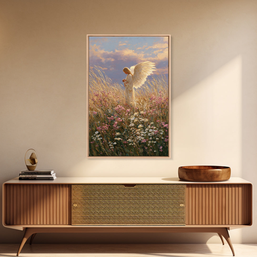 Golden Winged Angel With Infant At Sunset Wall Art, Christian Bedroom Decor, Floral Canvas Print, Spiritual Gift For Her