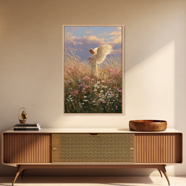 Golden Winged Angel With Infant At Sunset Wall Art, Christian Bedroom Decor, Floral Canvas Print, Spiritual Gift For Her