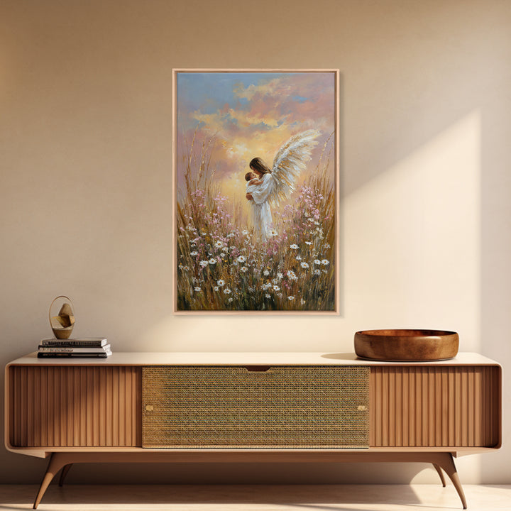 Angel Mother And Baby In Sunset Wildflowers Framed Canvas Print, Christian Wall Art, Nursery Decor, Motherhood Gift, Home Decor