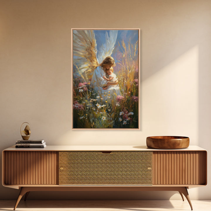 Glowing Angel Mother Nursing Baby In Wild Meadow Wall Art, Christian Canvas Print, Spiritual Nursery Decor, Gift For Her