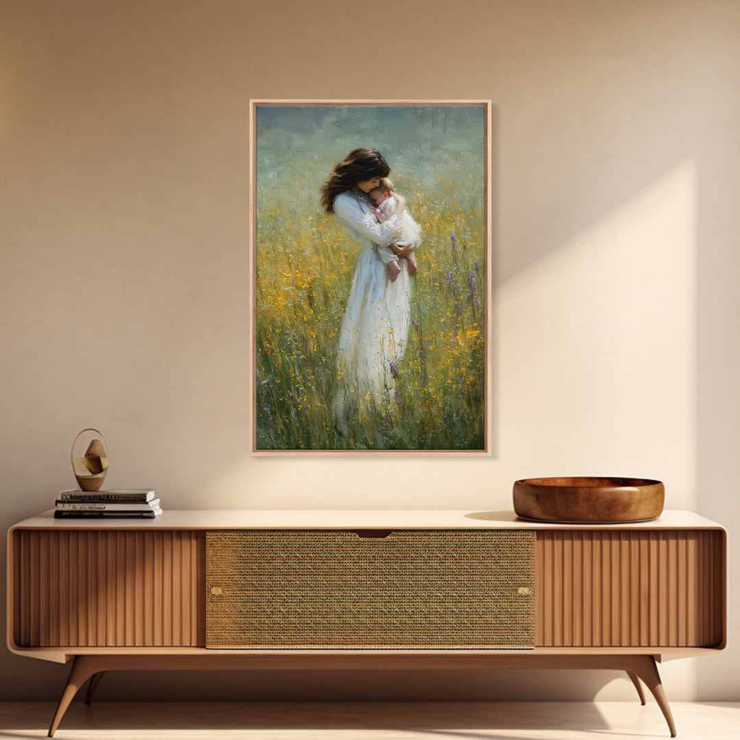 Tender Mother Cradling Newborn In Yellow Meadow Canvas Print, Motherhood Wall Art, Feminine Nursery Wall Decor, Gift For Mom
