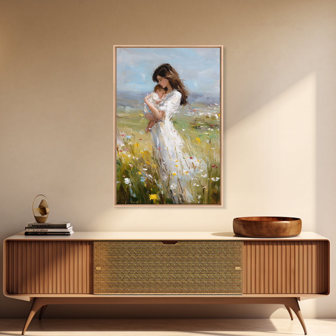 Mother Holding Sleeping Baby In Breezy Meadow Wall Art, Motherhood Canvas Print, Neutral Nursery Decor, Gift For Mom, Home Decor