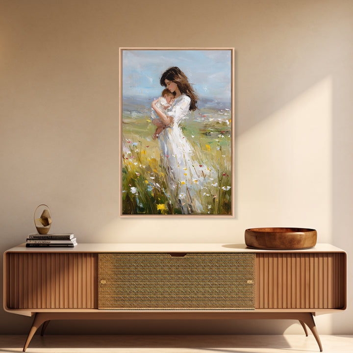 Mother Holding Sleeping Baby In Breezy Meadow Wall Art, Motherhood Canvas Print, Neutral Nursery Decor, Gift For Mom, Home Decor