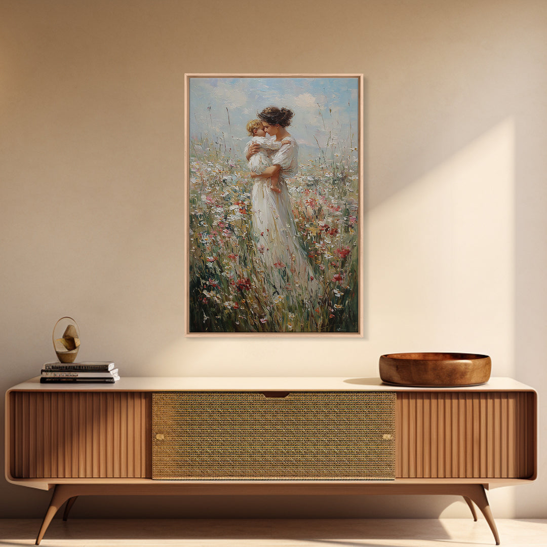 Mother Kissing Child In Wildflower Field Framed Canvas Print, Motherhood Wall Art, Floral Nursery Decor, Gift For Her, Home Decor