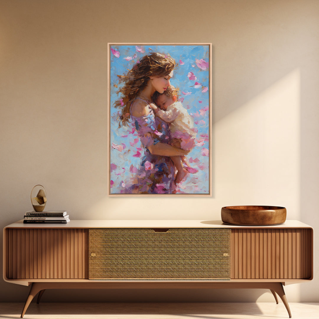 Tender Mother And Baby In Pink Petals Wall Art, Impressionist Oil Painting Print For Nursery, Bedroom, Gift For Mom, Home Decor