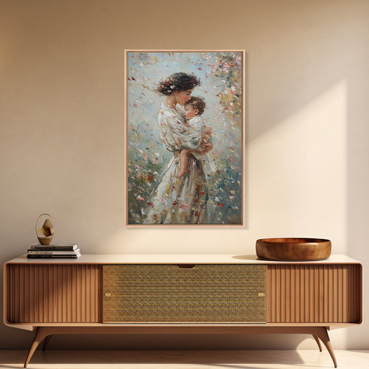 Mother Cradling Baby In Blossom Garden Wall Art, Romantic Impressionist Oil Painting, Feminine Bedroom Decor Gift For Her