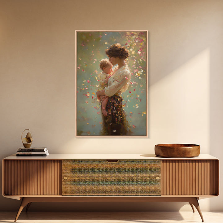 Warm Sunlit Mother And Baby Framed Canvas Print, Floral Impressionist Painting, Soft Feminine Wall Decor, Gift For Mom, Nursery Art