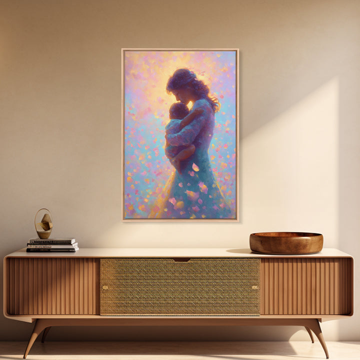 Glowing Mother And Infant Silhouette Canvas Print, Pastel Celestial Floral Petals, Dreamy Nursery Wall Art, Gift For Mom