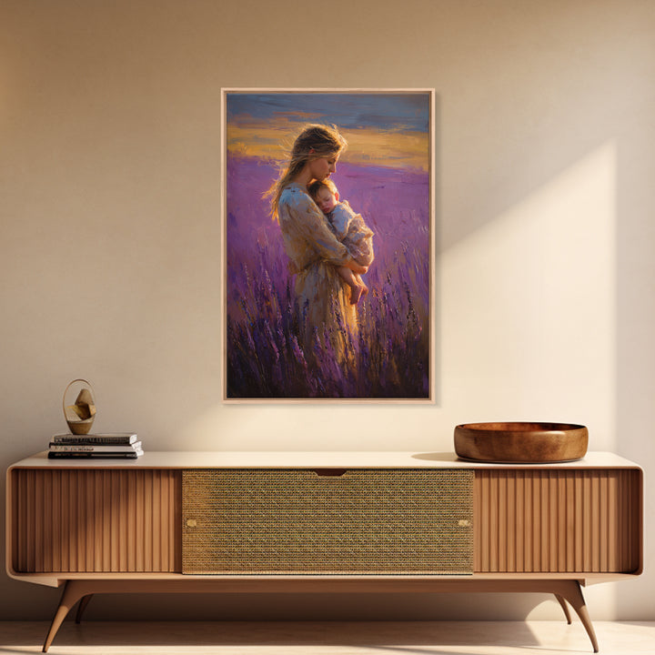 Mother And Sleeping Baby In Lavender Field Wall Art, Sunset Impressionist Oil Painting, Romantic Bedroom Decor, Gift For Mom