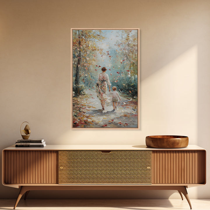 Mother And Child Autumn Walk Wall Art, Impressionist Forest Path Canvas, Cozy Family Decor, Gift For Mom, Living Room Art