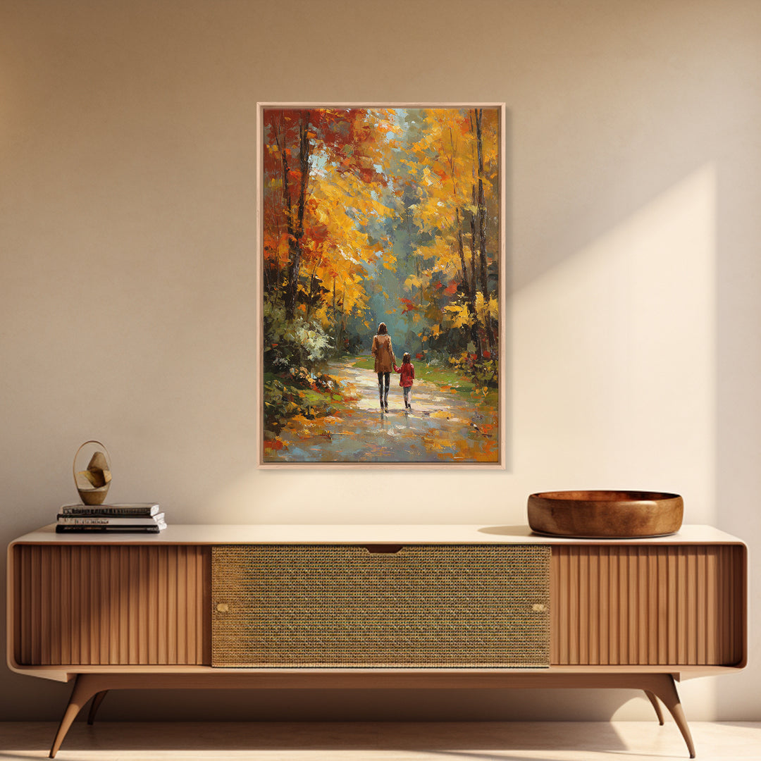 Golden Autumn Forest Walk Canvas Print, Mother Child Path Painting, Vibrant Landscape Wall Decor, Cozy Home Decor, Gift For Her