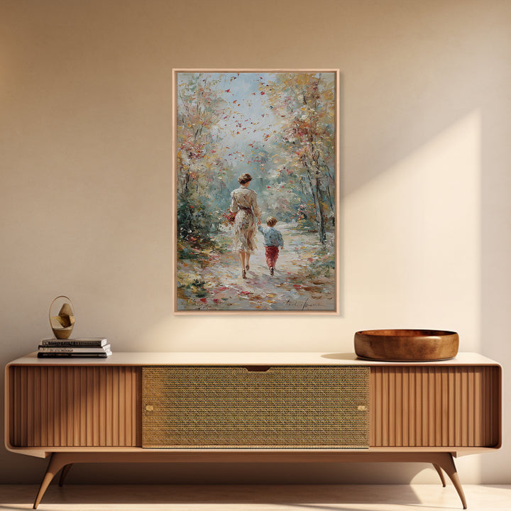 Mother And Son Fall Forest Walk Wall Art, Soft Impressionist Path Painting, Family Home Decor, Living Room Art, Mothers Day Gift