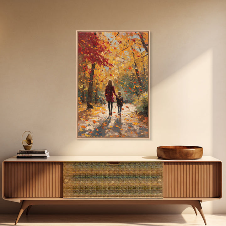 Mother And Child Golden Fall Walk Canvas Print, Red Coat Autumn Trees Painting, Warm Family Decor, Rustic Wall Art, Gift For Mom