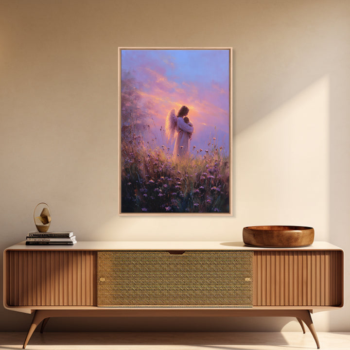 Angel Mother Cradling Baby Framed Canvas Print, Lavender Sunset Meadow Painting, Spiritual Wall Art, Nursery Decor, New Mom Gift