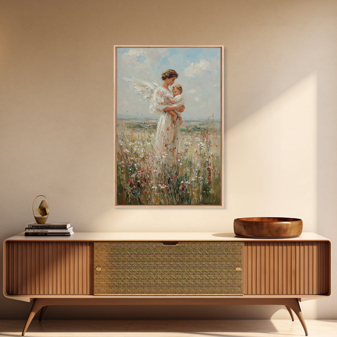 Serene Angel Mother Cradling Baby In Flower Field Framed Canvas Print, Christian Wall Art, Nursery Decor, Gift For Her And Mom