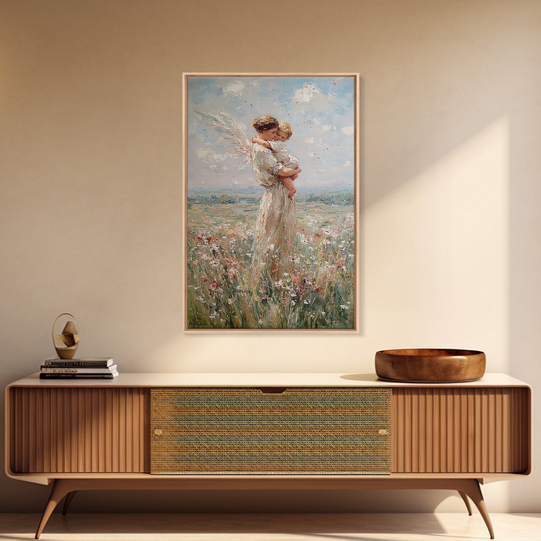 Protective Angel Mother And Child In Windy Meadow Canvas Print, Christian Wall Art, Nursery Art, Motherhood Gift For Her