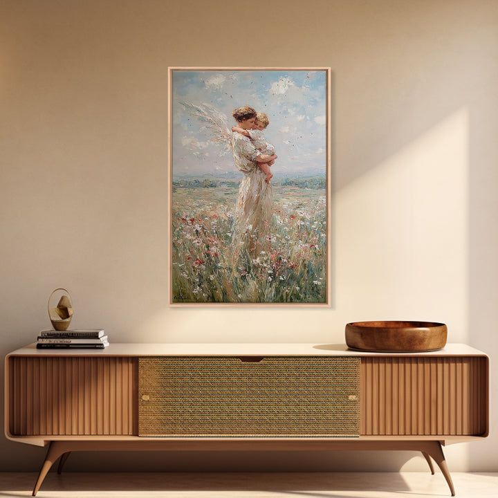 Protective Angel Mother And Child In Windy Meadow Canvas Print, Christian Wall Art, Nursery Art, Motherhood Gift For Her