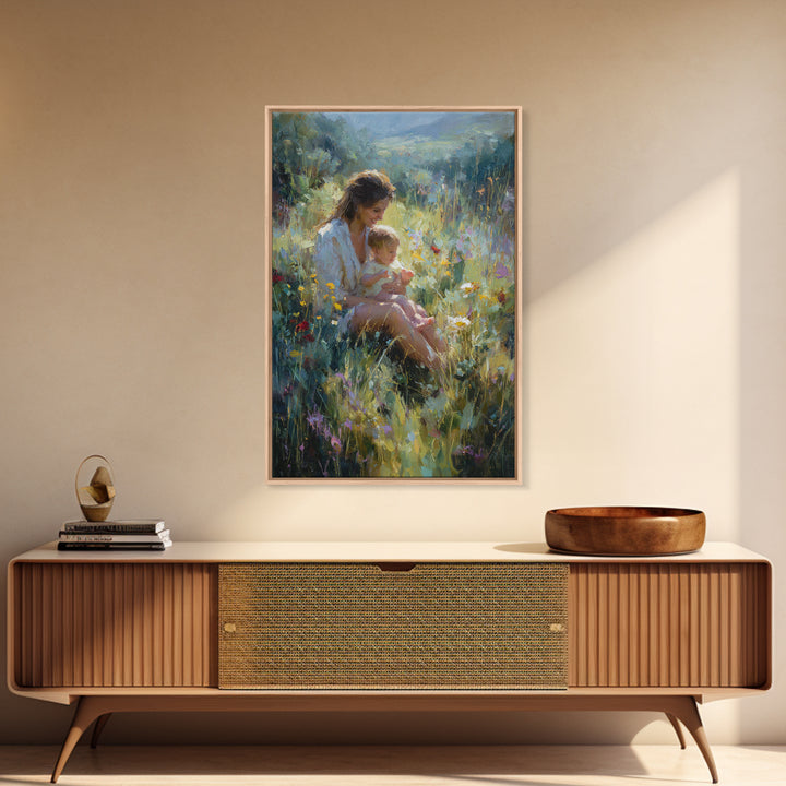 Glowing Mother And Baby In Mountain Wildflower Meadow Wall Art, Impressionist Landscape Decor, Nursery Art, Gift For Mom