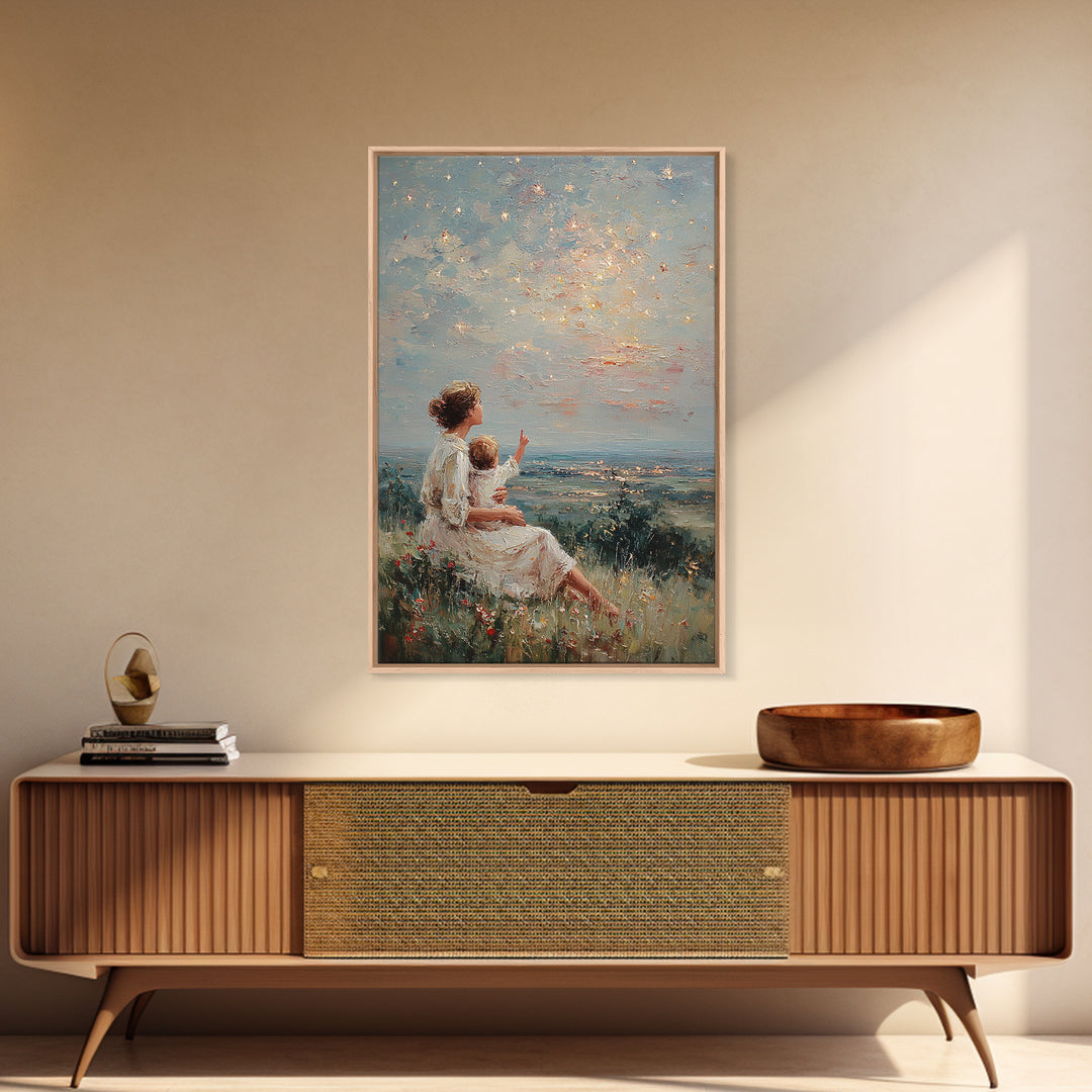 Mother And Child Under Sparkling Sky Wall Art, Impressionist Meadow Landscape Print, Nursery Decor, Gift For Mom, Living Room Decor