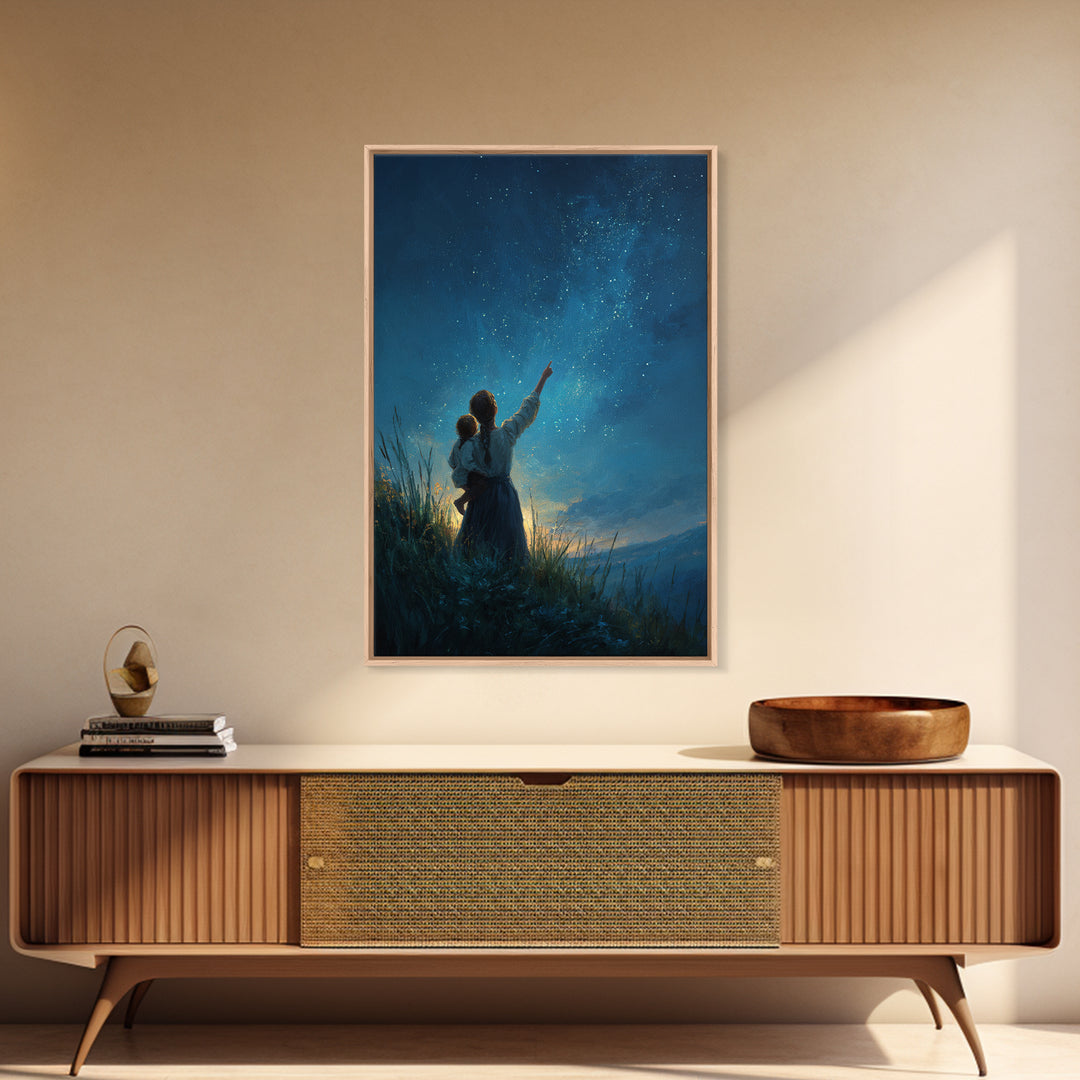 Mother And Child Stargazing At Milky Way Framed Canvas Print, Celestial Wall Art, Night Sky Decor, Nursery Gift, Mystical Home Decor