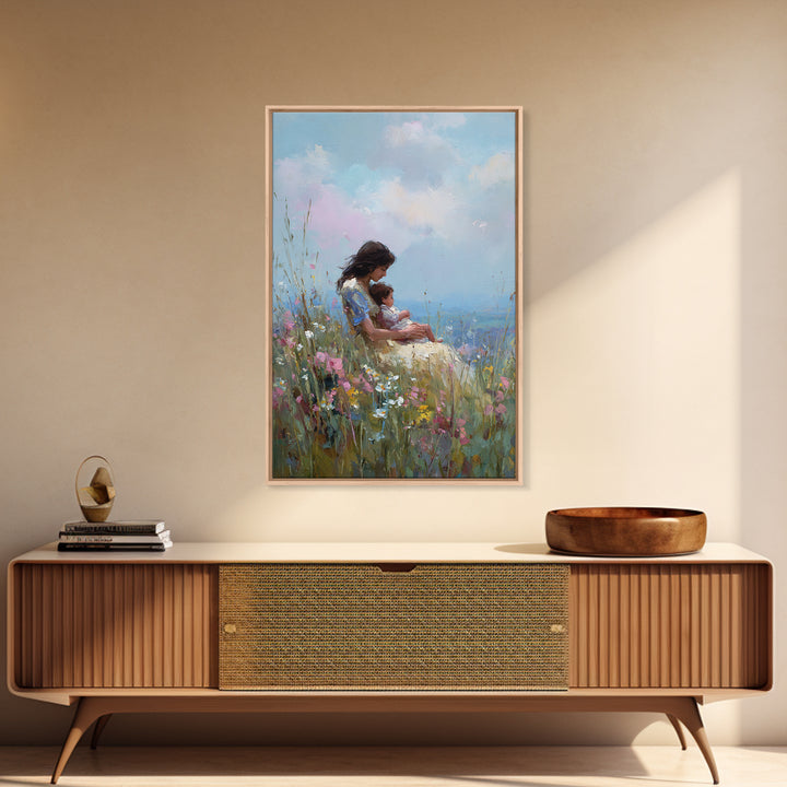 Mother Holding Baby In Wildflower Meadow Canvas Print, Impressionist Floral Wall Art, Nursery Decor, Gift For Her, Mothers Day Gift