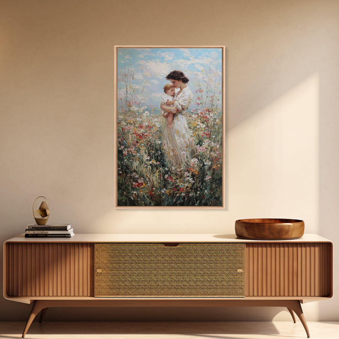 Mother Holding Baby In Sunlit Wildflowers Framed Canvas Print, Impressionist Floral Wall Art, Motherhood Gift, Nursery Decor