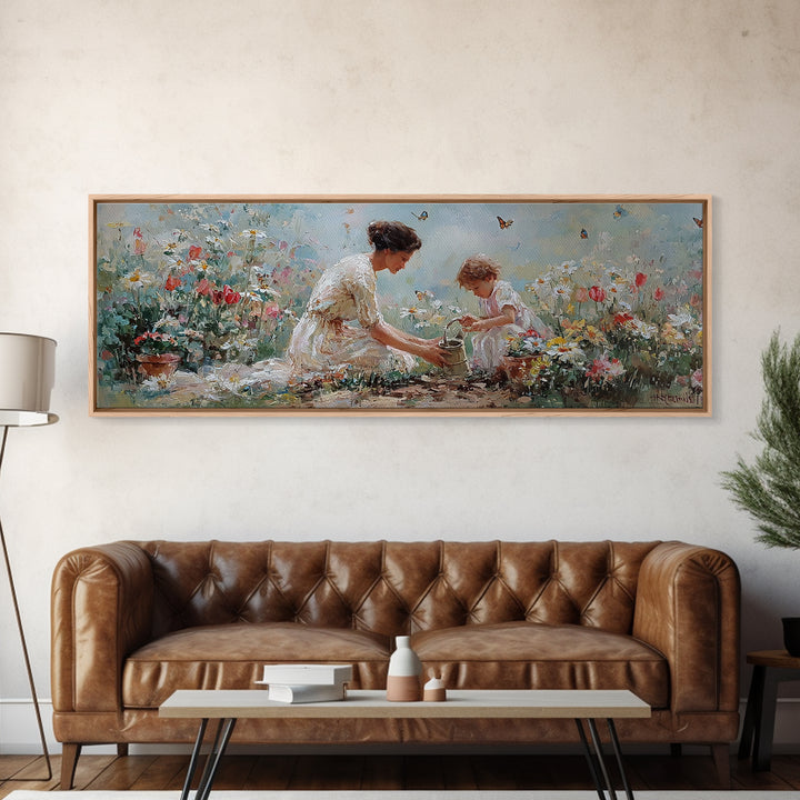 Mother And Child Garden Wall Art, Impressionist Wildflower Meadow Canvas Print, Feminine Nursery Decor Gift For Mom Home Decor