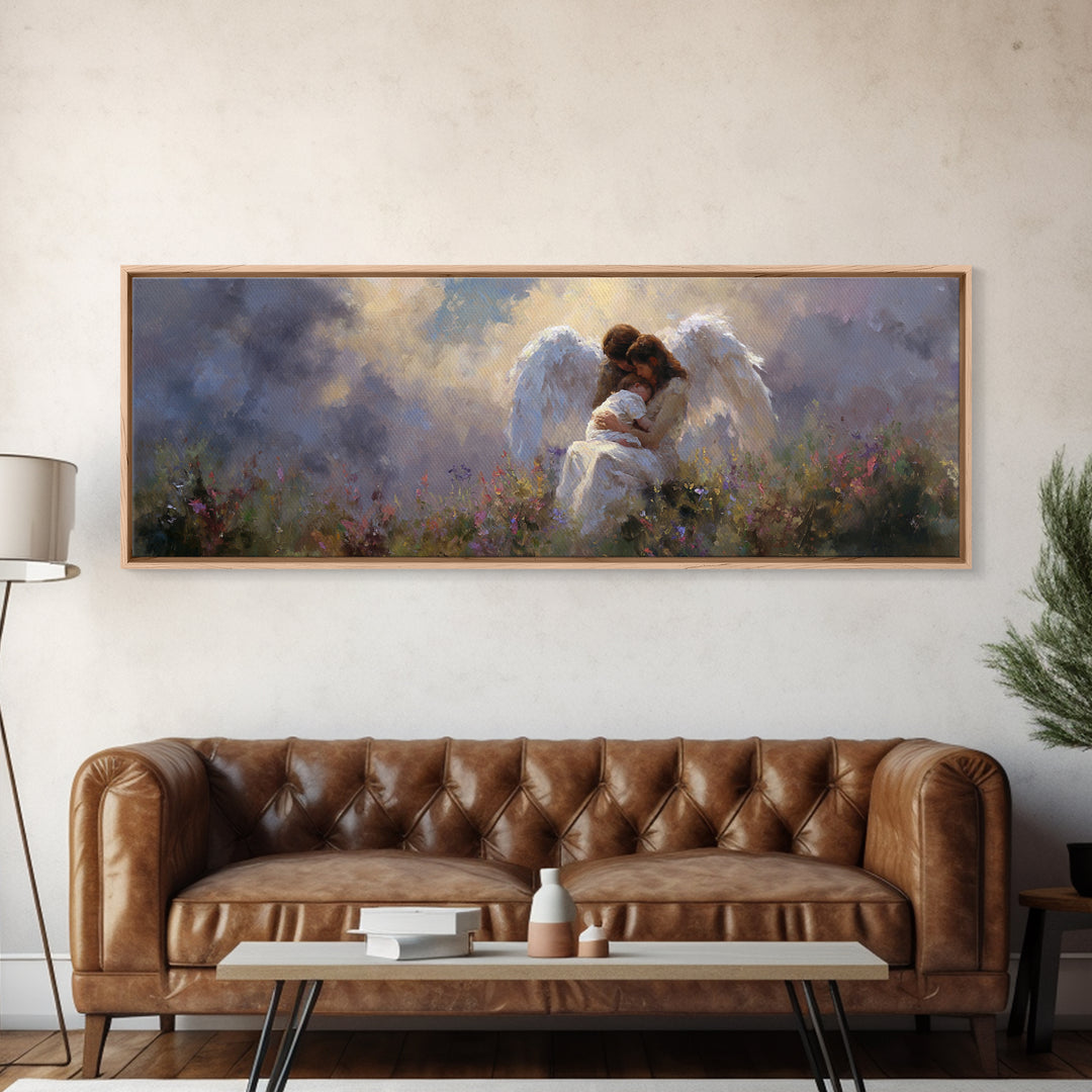 Guardian Angel And Child Wall Art, Ethereal Wildflower Meadow Framed Canvas Print, Christian Nursery Decor Gift For Baby Room