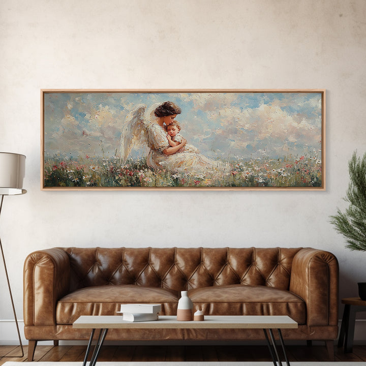 Angel Mother Holding Baby Wall Art, White Wings Wildflower Field Canvas Print, Christian Nursery Decor Gift For Mom Home Decor