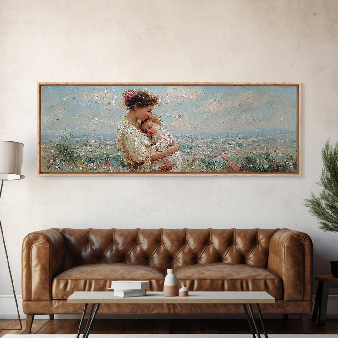 Mother Holding Sleeping Baby Wall Art, Tender Wildflower Landscape Canvas Print, Feminine Nursery Decor Gift For Mom Home Decor