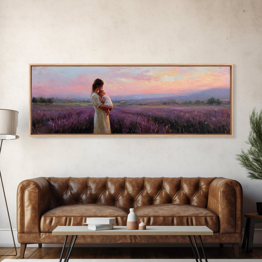 Mother And Baby Lavender Field Wall Art, Sunset Landscape Canvas Print, Purple Romantic Bedroom Decor Gift For Mom Home Decor