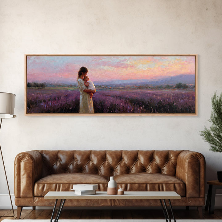 Mother And Baby Lavender Field Wall Art, Sunset Landscape Canvas Print, Purple Romantic Bedroom Decor Gift For Mom Home Decor