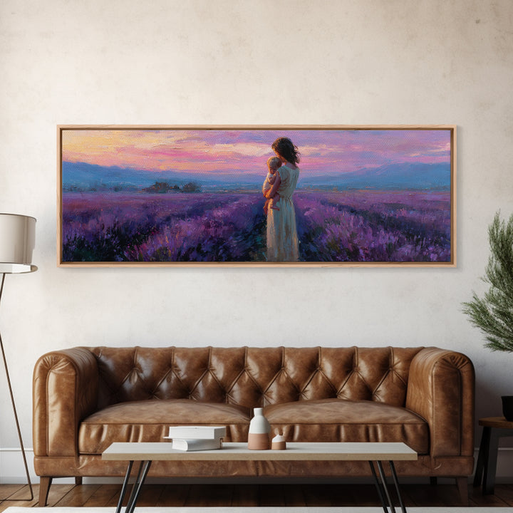 Mother And Baby Lavender Path Wall Art, Sunset Provence Landscape Framed Canvas Print, Romantic Bedroom Decor Gift For Mom
