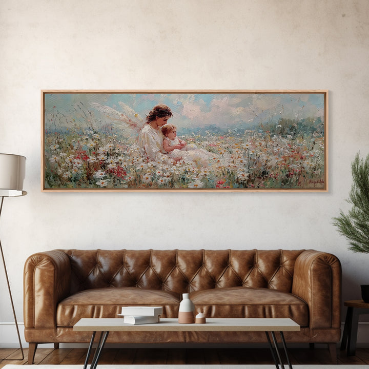 Angel Mother And Baby Daisy Meadow Wall Art, Heavenly Wildflower Canvas Print, Christian Nursery Decor Gift For Mom Home Decor