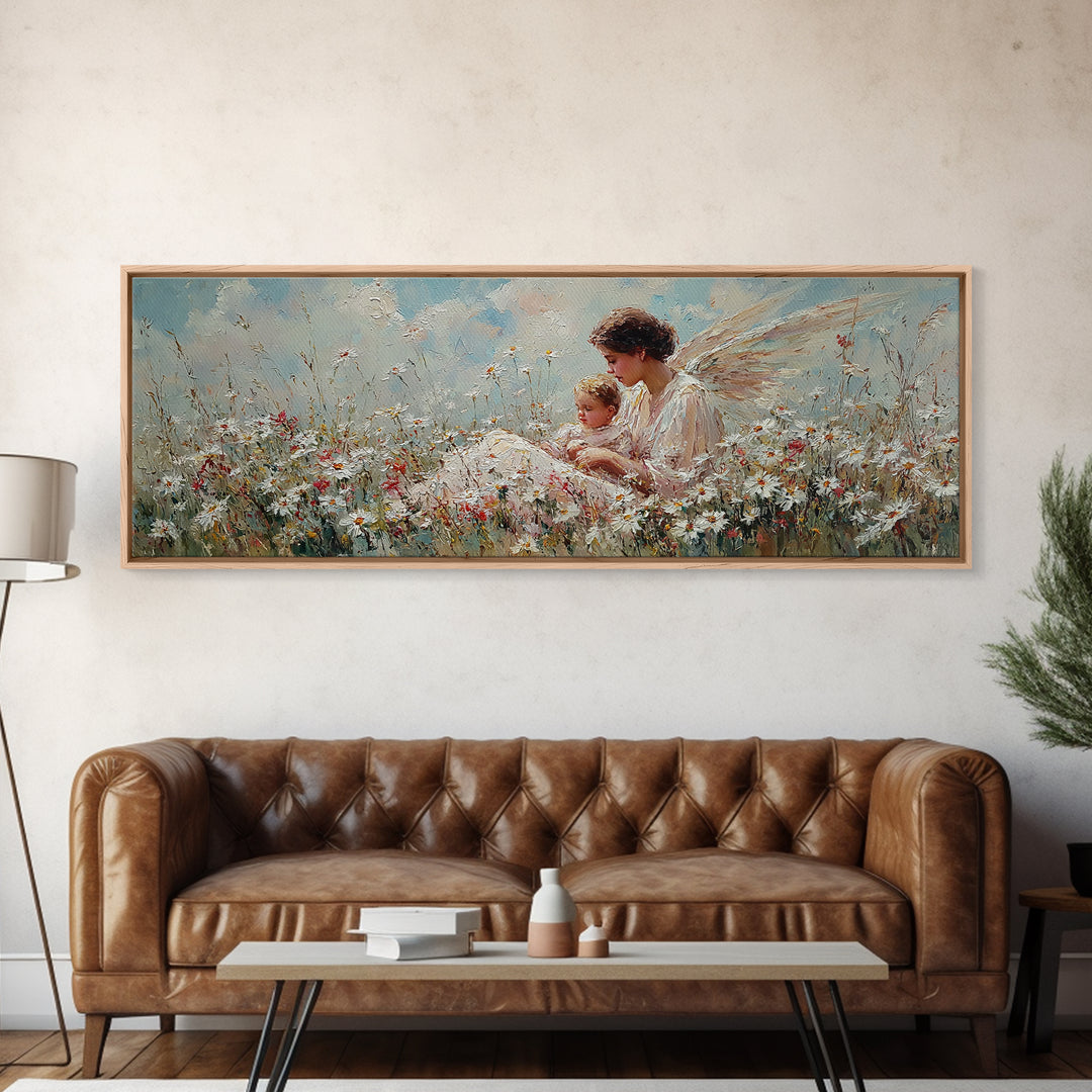 Angel Mother And Child In Wildflower Meadow Wall Art, Christian Nursery Decor, Angel Canvas, Motherhood Gift For Her, Serene Home Decor