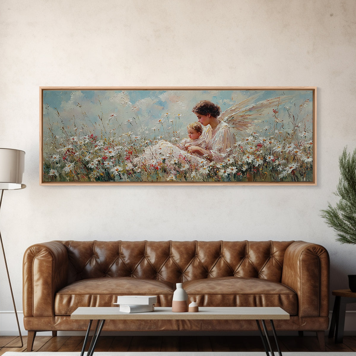 Angel Mother And Child In Wildflower Meadow Wall Art, Christian Nursery Decor, Angel Canvas, Motherhood Gift For Her, Serene Home Decor