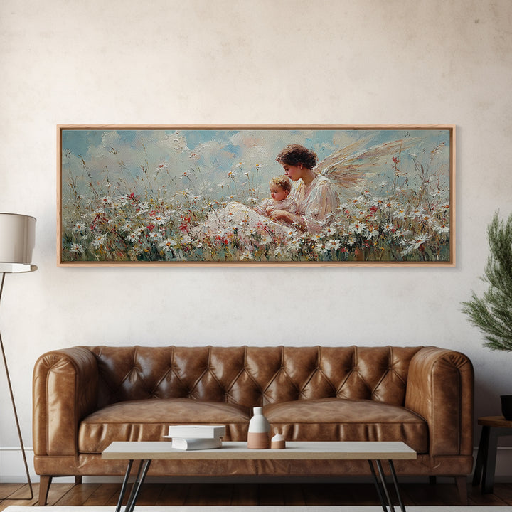 Angel Mother And Child In Wildflower Meadow Wall Art, Christian Nursery Decor, Angel Canvas, Motherhood Gift For Her, Serene Home Decor