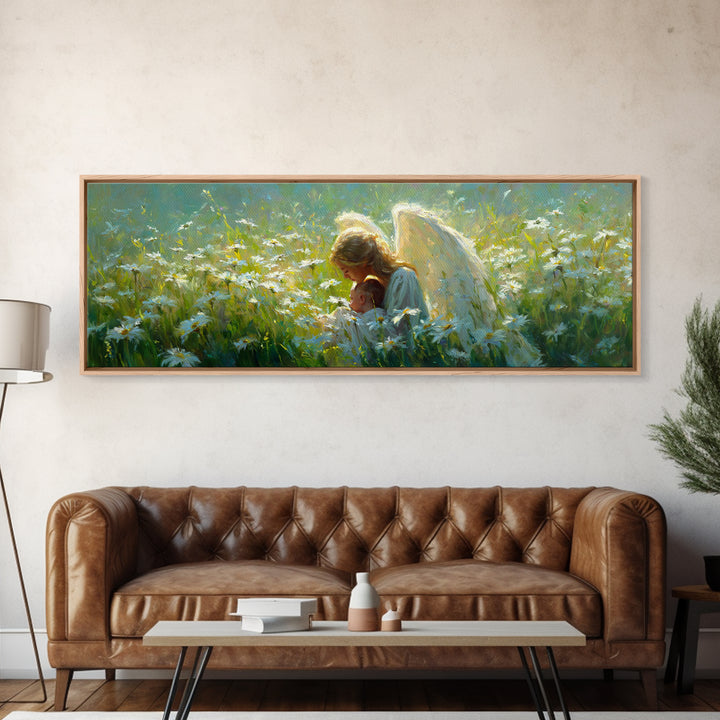 Guardian Angel Holding Baby In Daisy Meadow Framed Canvas Print, Christian Wall Art, Nursery Decor, Motherhood Gift For Her