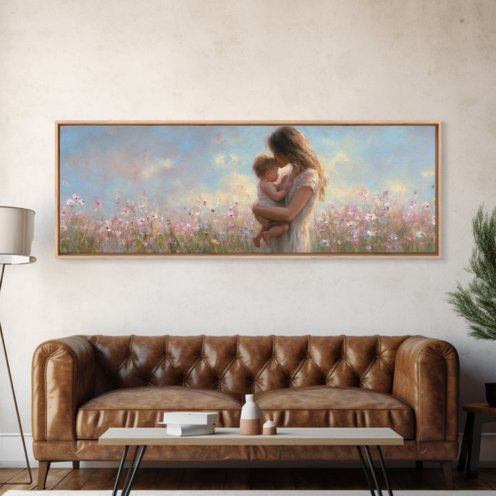 Tender Mother Holding Baby In Pastel Wildflowers Canvas Print, Motherhood Wall Art, Nursery Decor, Gift For Mom, Baby Shower Gift
