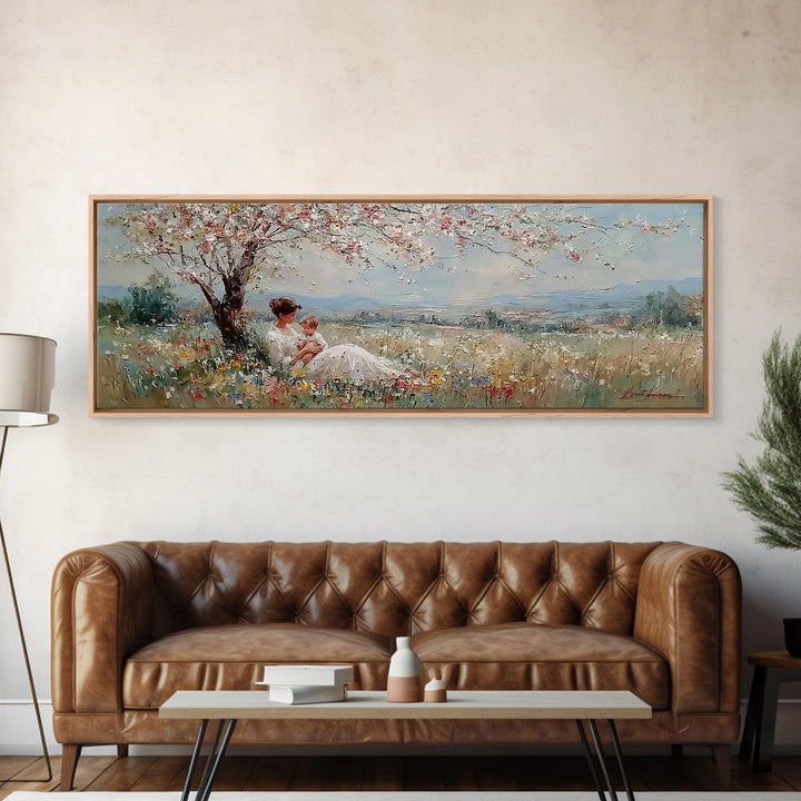 Mother And Baby Under White Blossom Tree In Meadow Framed Canvas Print, Floral Wall Art, Valley Landscape, Nursery Decor